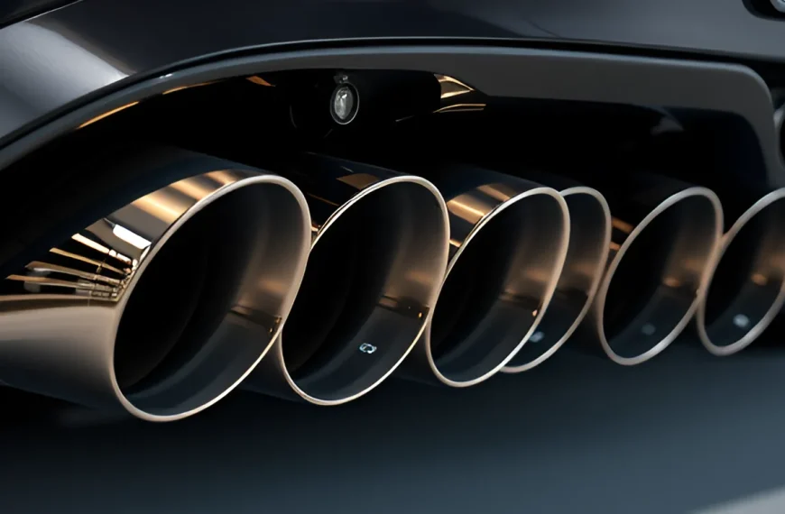 Multiple premium chrome performance exhaust tips on sports car producing deep sound in automotive studio