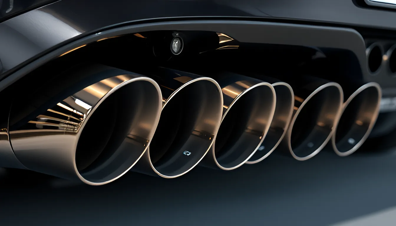 Multiple premium chrome performance exhaust tips on sports car producing deep sound in automotive studio