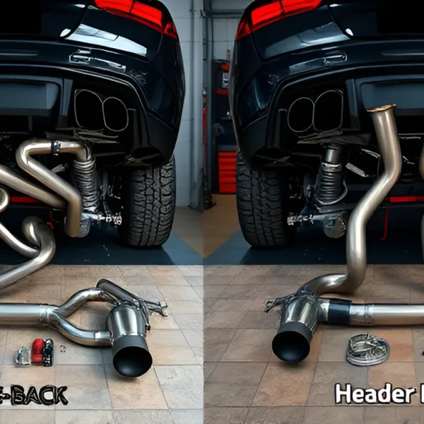 Side-by-side comparison of cat-back and header-back exhaust systems with labeled components on garage floor