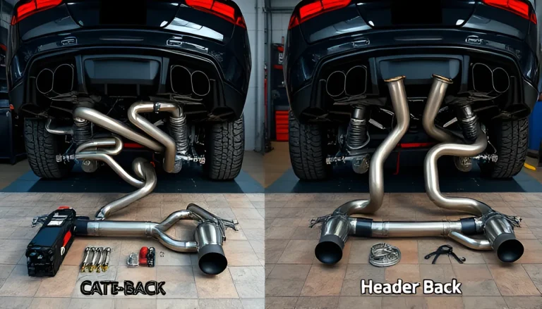 Side-by-side comparison of cat-back and header-back exhaust systems with labeled components on garage floor