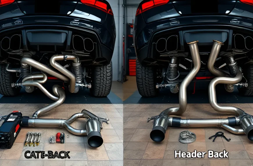 Side-by-side comparison of cat-back and header-back exhaust systems with labeled components on garage floor