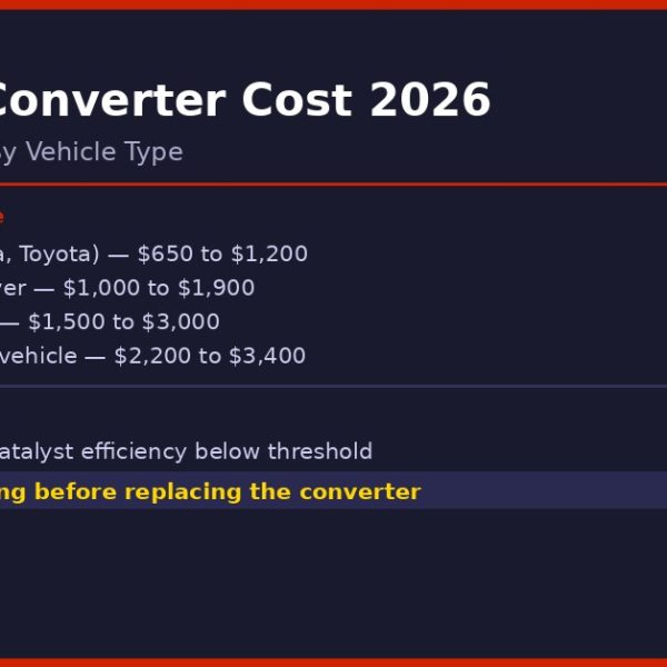 catalytic converter replacement cost 2026 infographic showing price range by vehicle from economy car to luxury at 650 to 3400 dollars