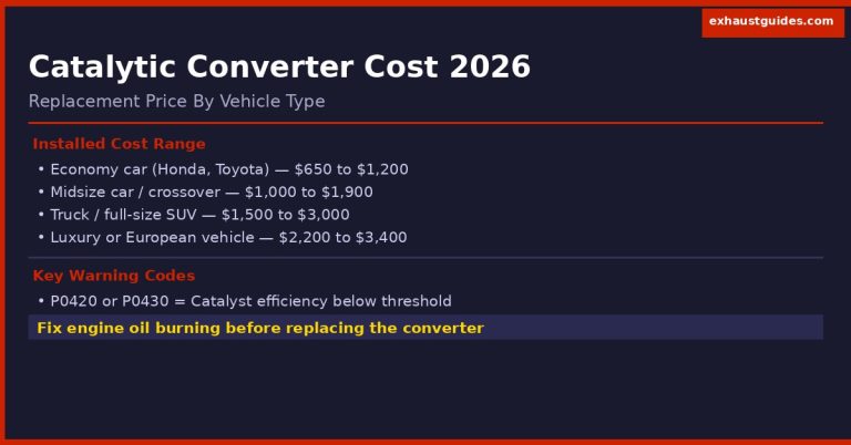 catalytic converter replacement cost 2026 infographic showing price range by vehicle from economy car to luxury at 650 to 3400 dollars