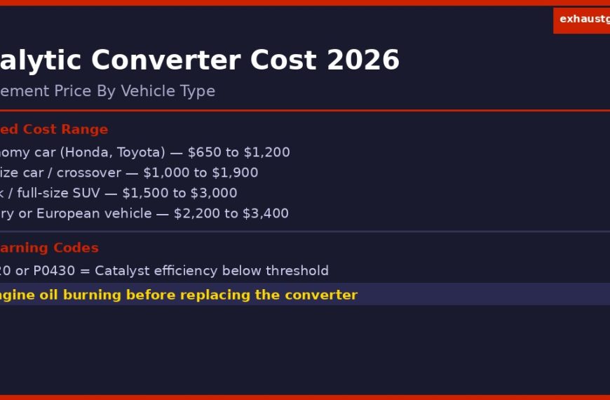 catalytic converter replacement cost 2026 infographic showing price range by vehicle from economy car to luxury at 650 to 3400 dollars