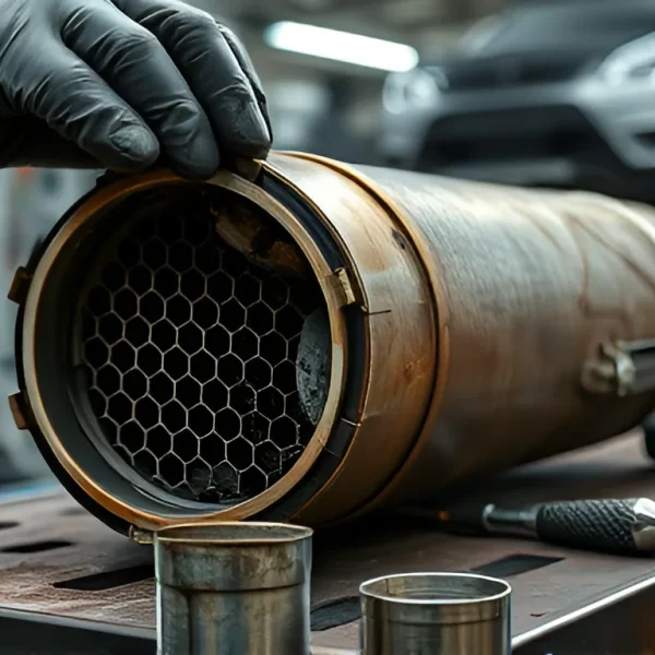 Mechanic holding catalytic converter with honeycomb ceramic substrate visible in auto repair shop