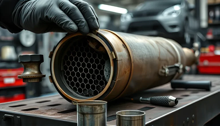 Mechanic holding catalytic converter with honeycomb ceramic substrate visible in auto repair shop