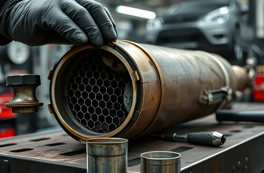 Mechanic holding catalytic converter with honeycomb ceramic substrate visible in auto repair shop