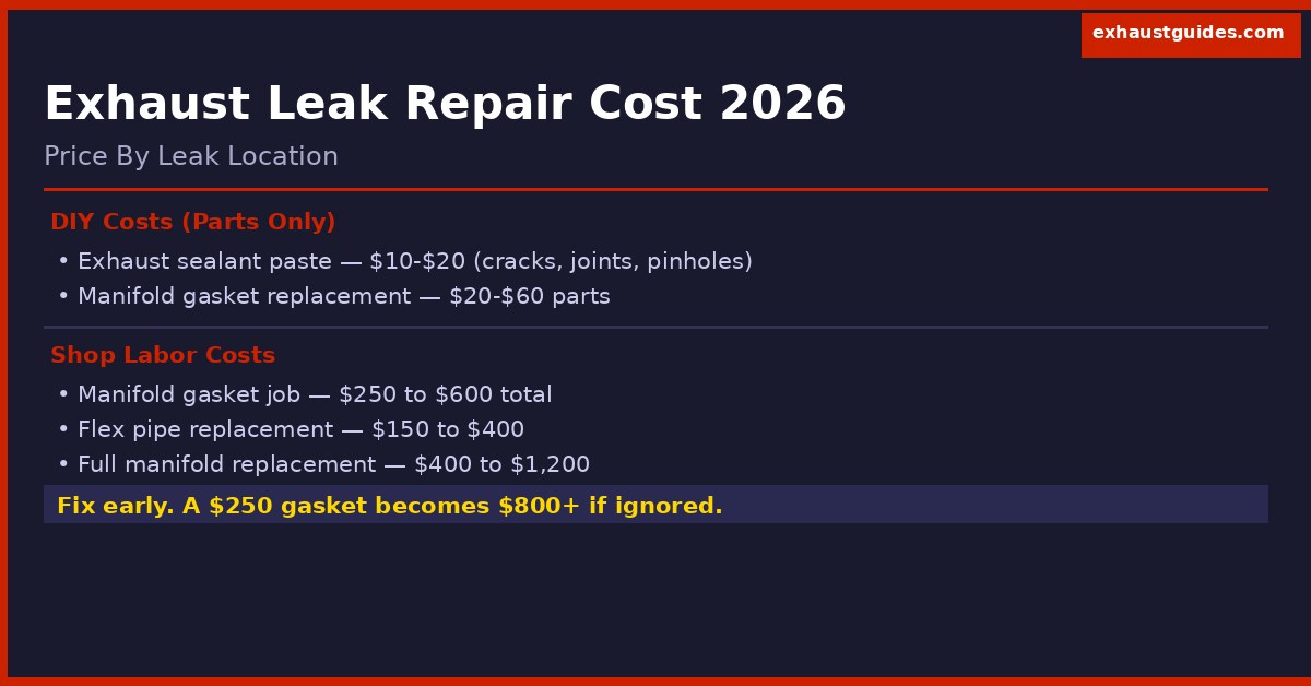 exhaust leak repair cost 2026 infographic comparing DIY and shop prices by leak location from manifold to muffler