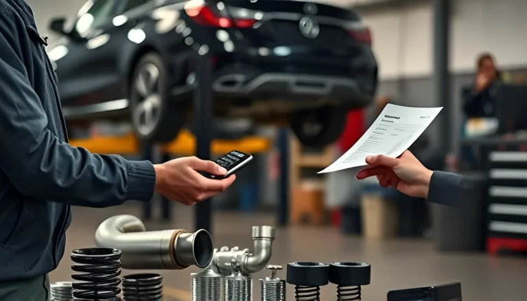 Mechanic handing exhaust repair cost estimate invoice to car owner at auto repair shop