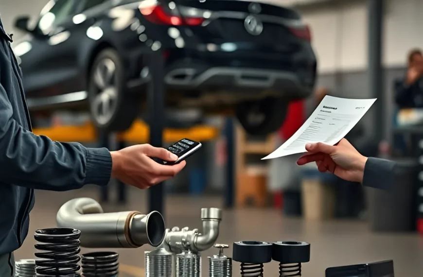 Mechanic handing exhaust repair cost estimate invoice to car owner at auto repair shop