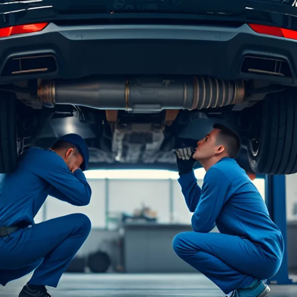Professional mechanic in blue uniform inspecting exhaust pipe underneath lifted car in auto repair shop