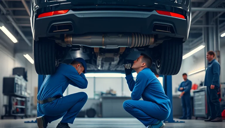 Professional mechanic in blue uniform inspecting exhaust pipe underneath lifted car in auto repair shop