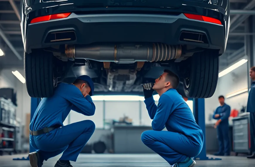 Professional mechanic in blue uniform inspecting exhaust pipe underneath lifted car in auto repair shop