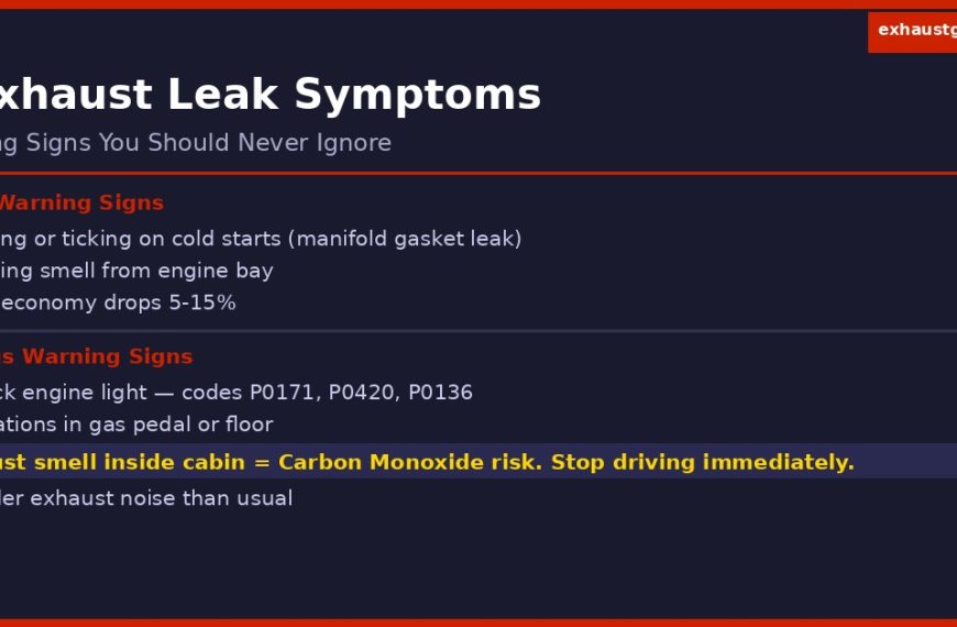 infographic showing 7 exhaust leak symptoms including hissing noise burning smell and carbon monoxide warning