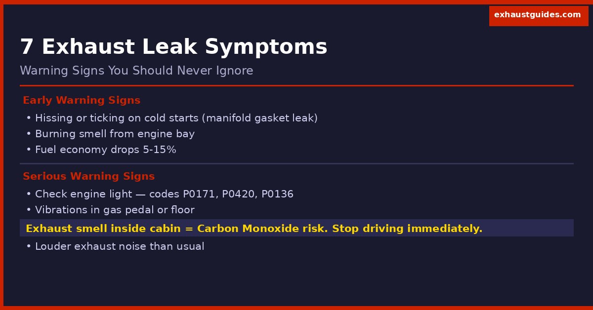 infographic showing 7 exhaust leak symptoms including hissing noise burning smell and carbon monoxide warning