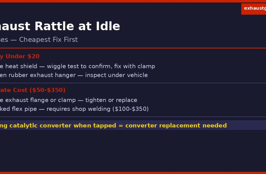 exhaust rattling at idle causes chart showing heat shield broken hanger flex pipe and catalytic converter with repair costs