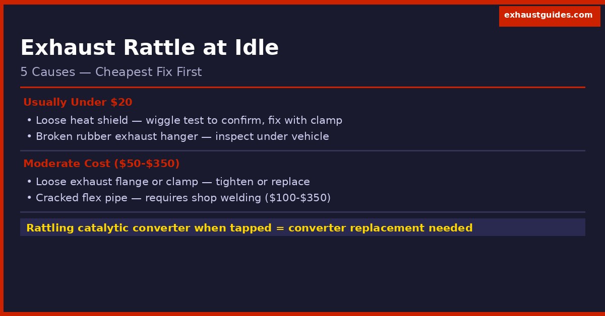 exhaust rattling at idle causes chart showing heat shield broken hanger flex pipe and catalytic converter with repair costs
