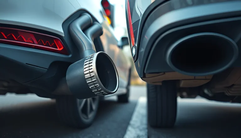 Close-up of dual car exhaust pipes showing rattling and vibration from loose heat shield in urban setting