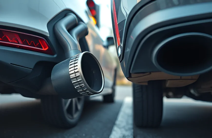 Close-up of dual car exhaust pipes showing rattling and vibration from loose heat shield in urban setting