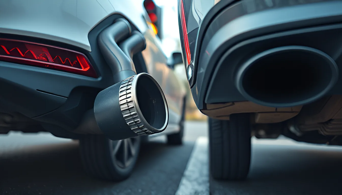 Close-up of dual car exhaust pipes showing rattling and vibration from loose heat shield in urban setting