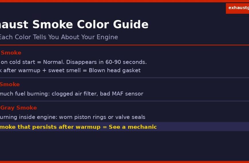 exhaust smoke color guide infographic showing what white black blue and gray smoke means for your engine