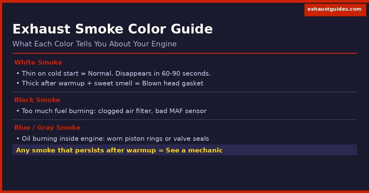 exhaust smoke color guide infographic showing what white black blue and gray smoke means for your engine