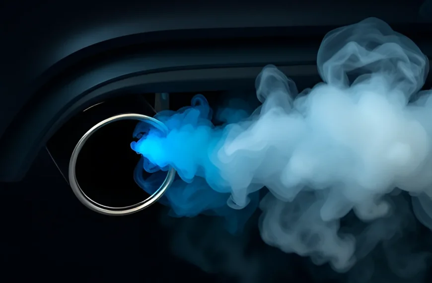 Car exhaust tailpipe emitting colored smoke showing white blue and black exhaust smoke on dark background