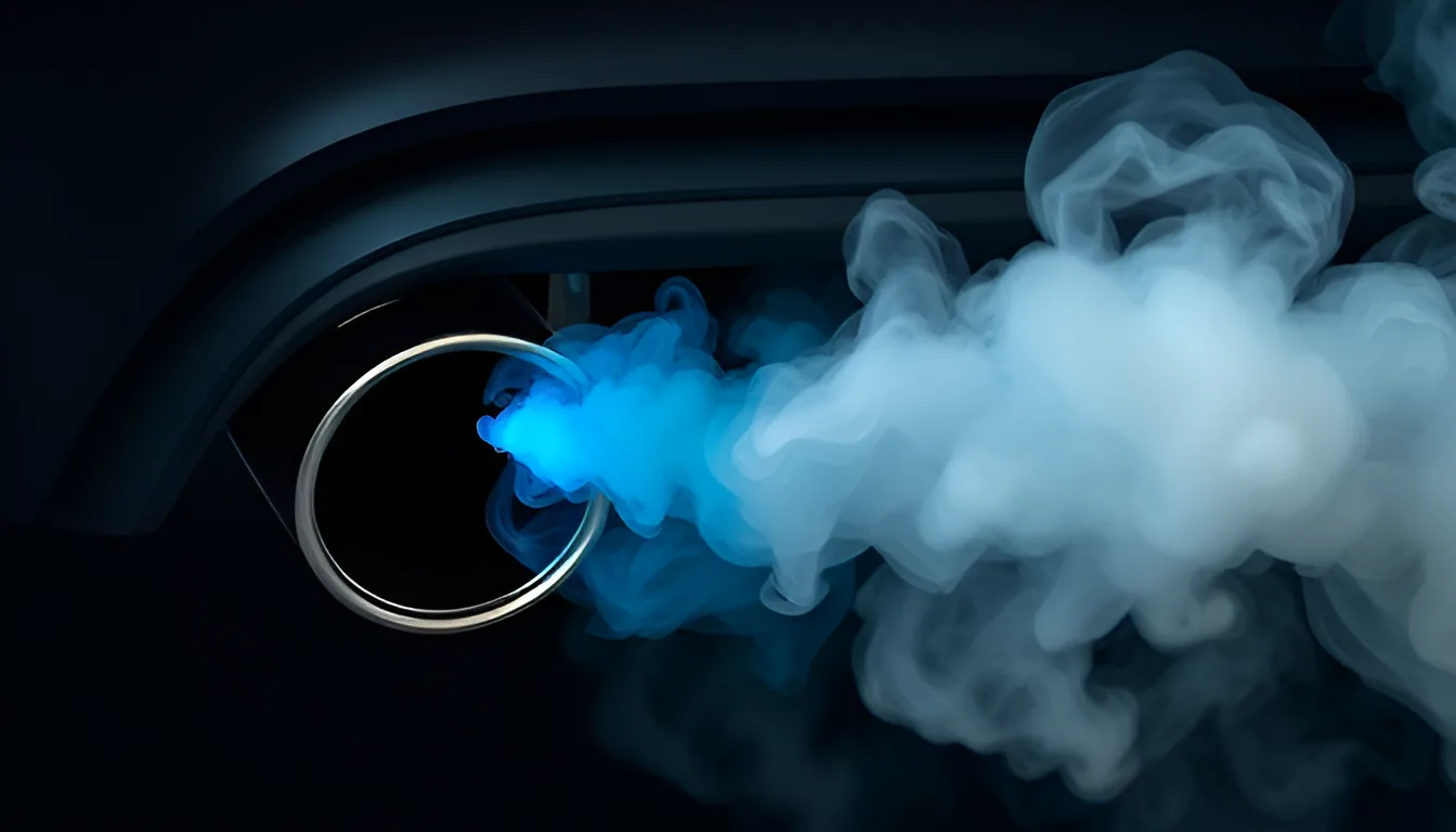 Car exhaust tailpipe emitting colored smoke showing white blue and black exhaust smoke on dark background