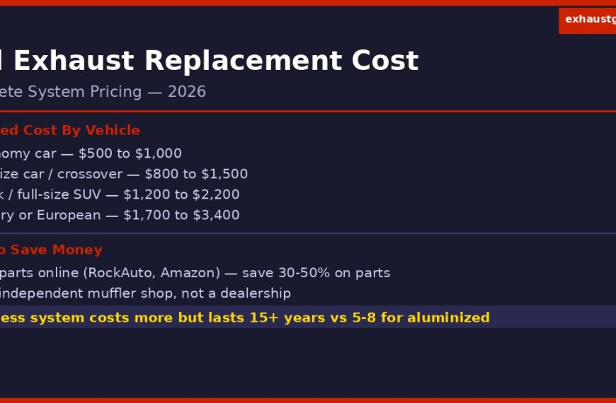full exhaust system replacement cost 2026 infographic showing total installed price by vehicle from economy car to luxury