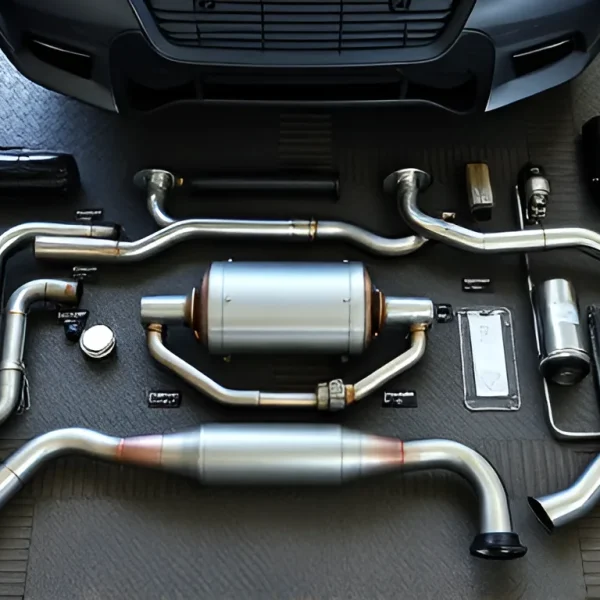 Complete car exhaust system all components laid out including manifold flex pipe catalytic converter and muffler on workshop floor