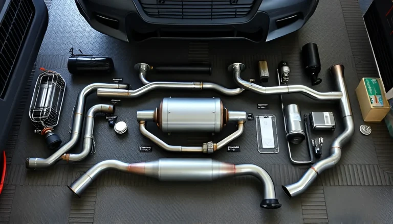 Complete car exhaust system all components laid out including manifold flex pipe catalytic converter and muffler on workshop floor