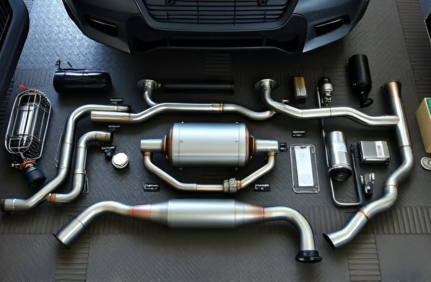 Complete car exhaust system all components laid out including manifold flex pipe catalytic converter and muffler on workshop floor