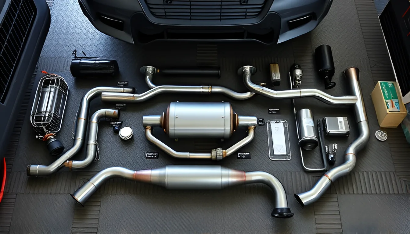 Complete car exhaust system all components laid out including manifold flex pipe catalytic converter and muffler on workshop floor