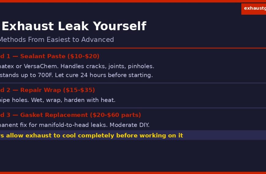 DIY exhaust leak repair infographic showing four methods from sealant paste and repair wrap to gasket replacement and pipe clamp