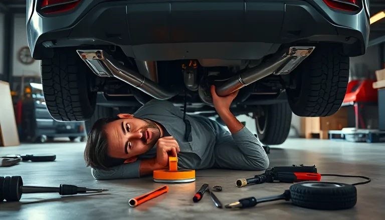 DIY mechanic lying under car using exhaust repair tape and clamp to fix exhaust leak with tools on garage floor