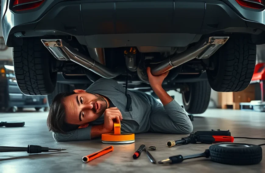 DIY mechanic lying under car using exhaust repair tape and clamp to fix exhaust leak with tools on garage floor