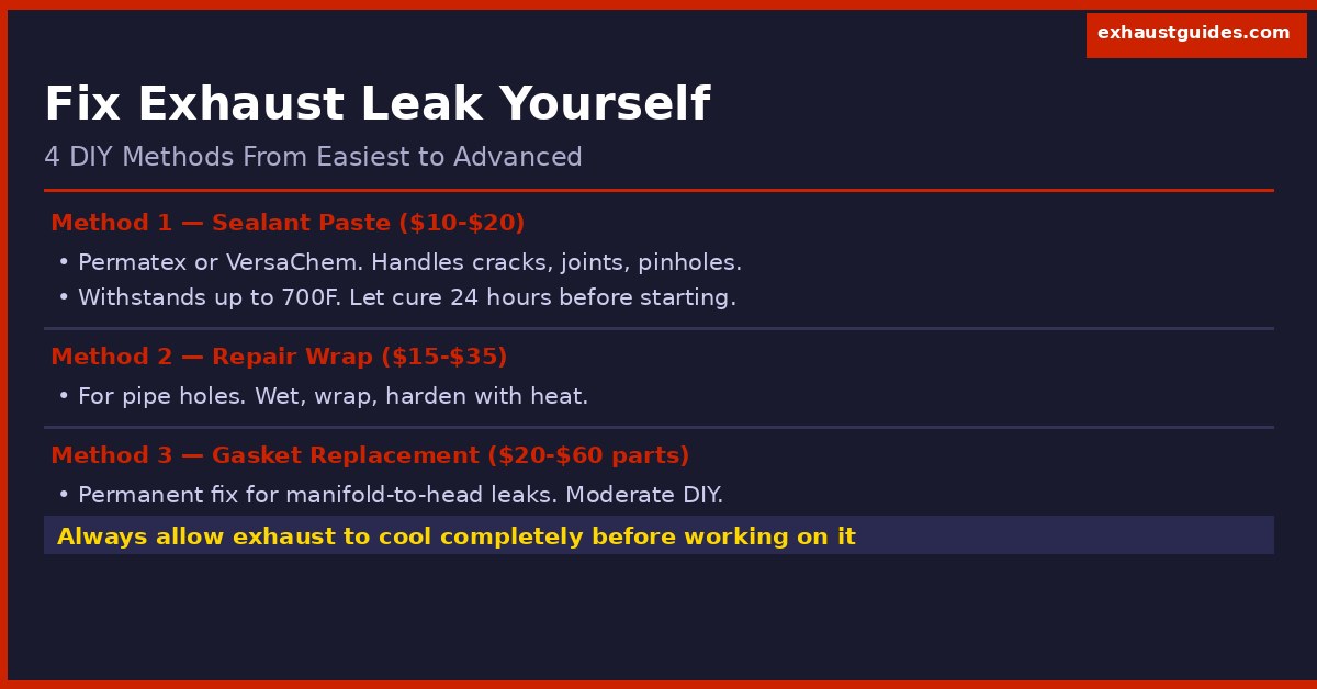 DIY exhaust leak repair infographic showing four methods from sealant paste and repair wrap to gasket replacement and pipe clamp