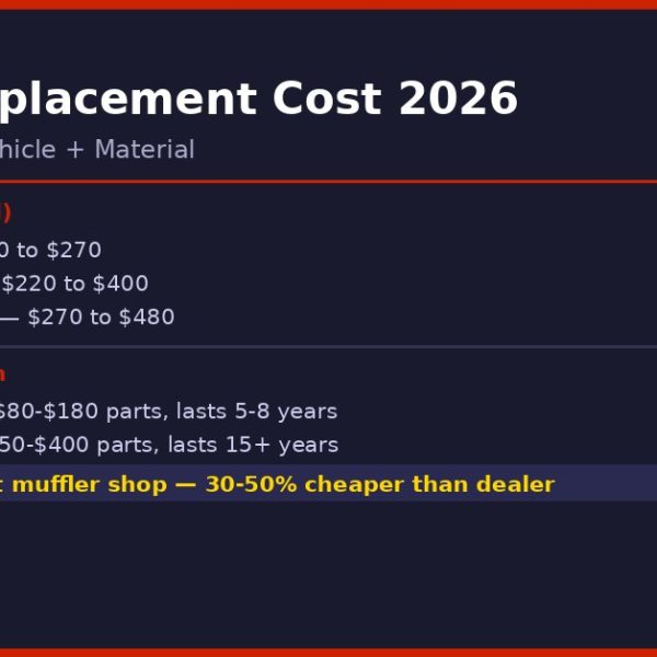 muffler replacement cost 2026 infographic comparing prices by vehicle type and aluminized versus stainless steel material options