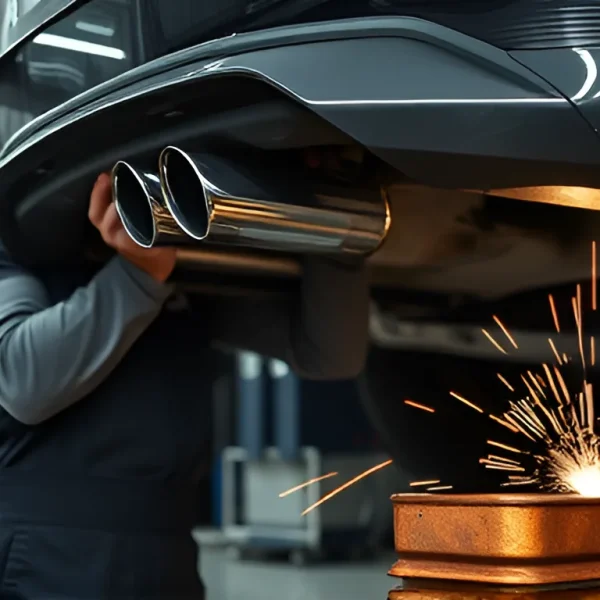 Mechanic installing new muffler on car exhaust system with welding sparks in auto repair shop