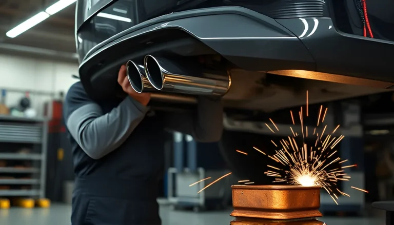 Mechanic installing new muffler on car exhaust system with welding sparks in auto repair shop