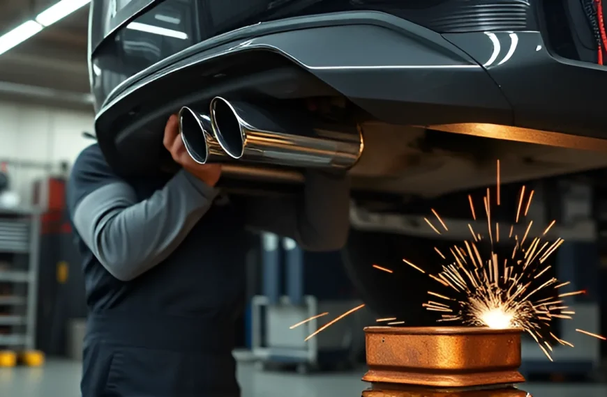 Mechanic installing new muffler on car exhaust system with welding sparks in auto repair shop