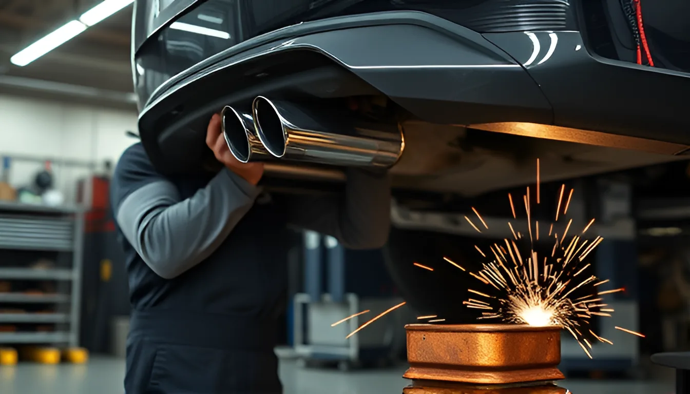 Mechanic installing new muffler on car exhaust system with welding sparks in auto repair shop