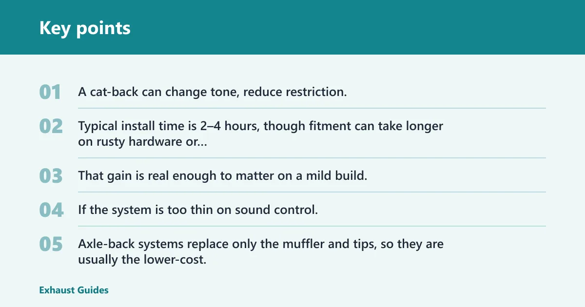 Key points: Bolt-on systems: cat-back vs. axle-back