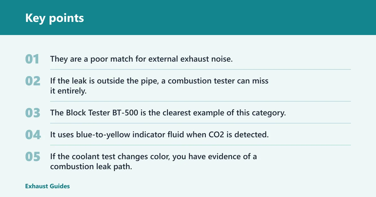 Key points: Combustion leak testers: best for head gasket checks