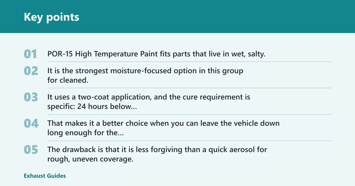 Key points: POR-15 High Temperature Paint: best for moisture-prone parts