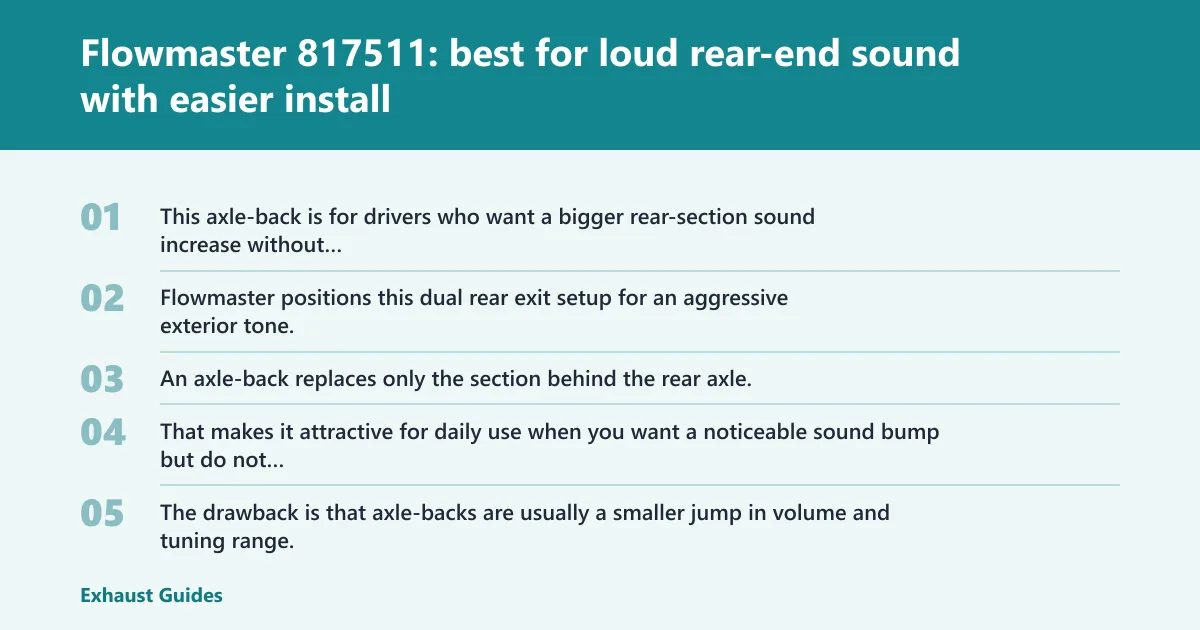 Steps: Flowmaster 817511: best for loud rear-end sound with easier install