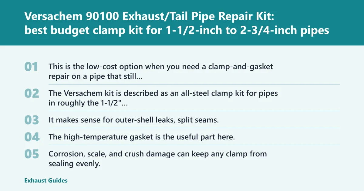 Steps: Versachem 90100 Exhaust/Tail Pipe Repair Kit: best budget clamp kit for 1-1/2-inch to 2-3/4-inch pipes