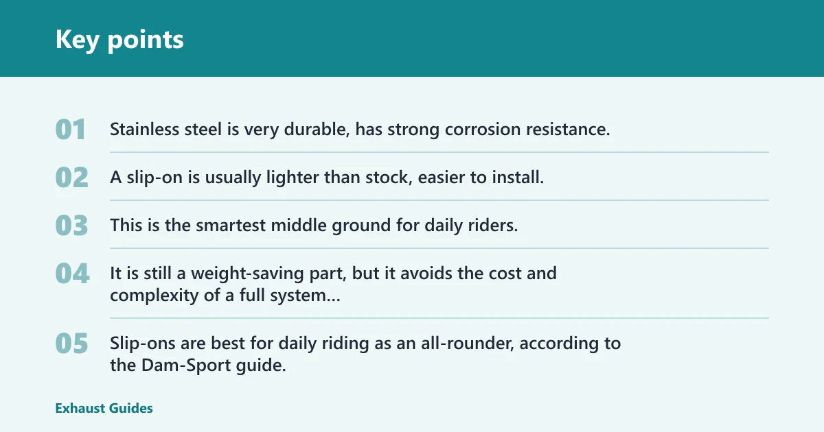 Key points: Stainless slip-on: best for daily riders