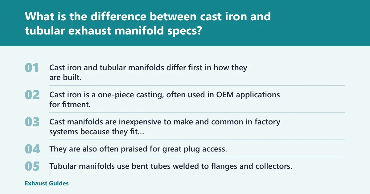 Steps: What is the difference between cast iron and tubular exhaust manifold specs?