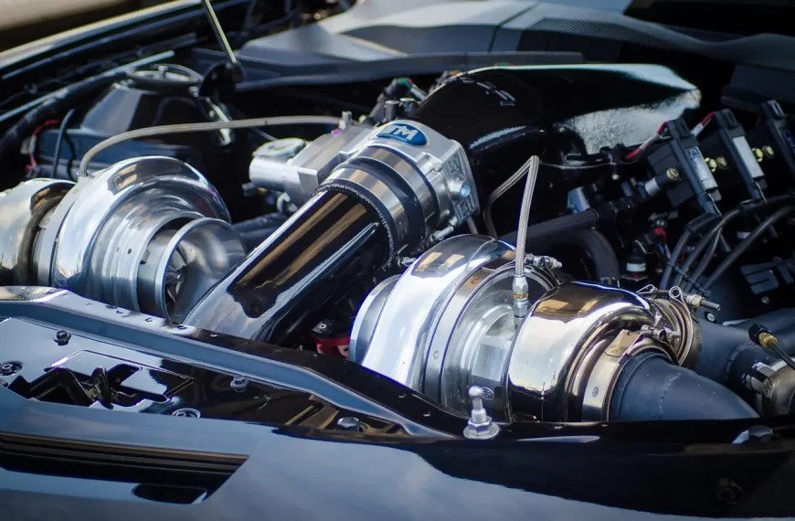 Sports sedan on a lift showing the exhaust path from midsection to rear section in a garage